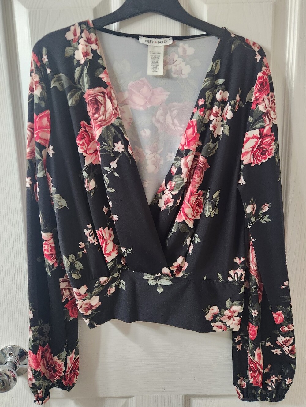 Black Floral Wrap Blouse - Pink Rose Print